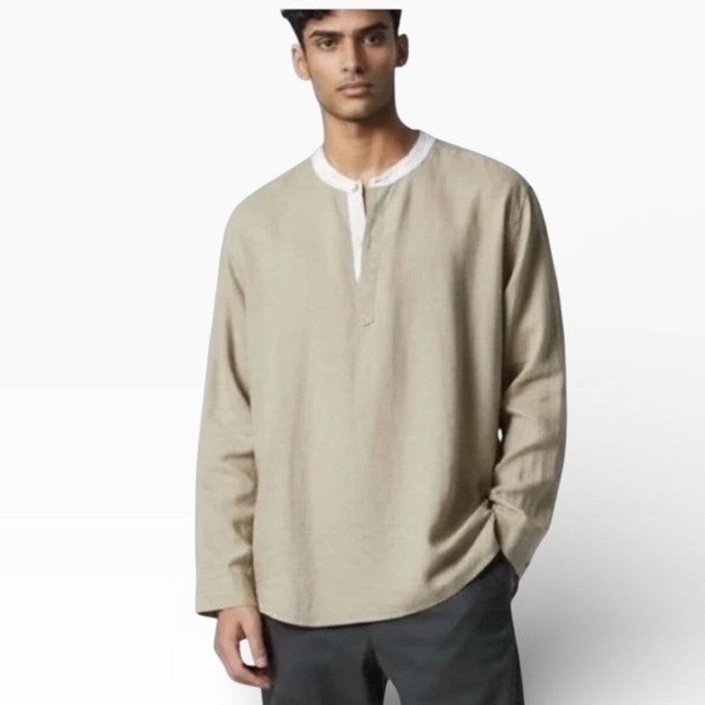 Isle Bay Linens Mens Khaki Pure Linen Roll-Up Sleeve Beach Henley Shirt XXL NEW